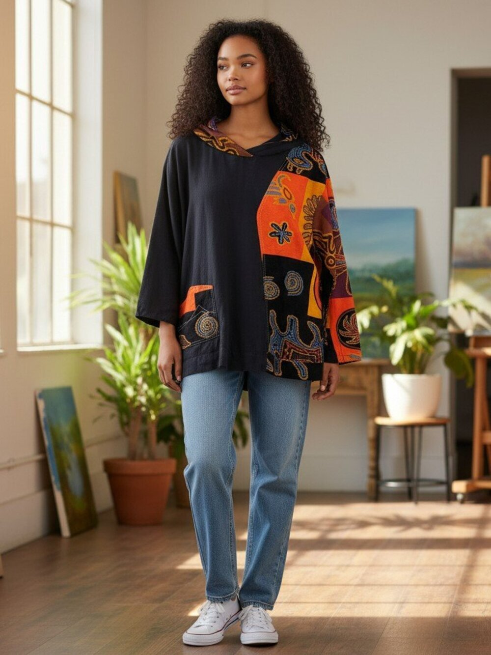 Onelee XL Black Colorful Geometric Patchwork Pullover Hoodie Jacket Boho
